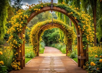 Obraz premium Romantic Wooden Arch, Yellow Flowers, Lush Greenery, Long Exposure