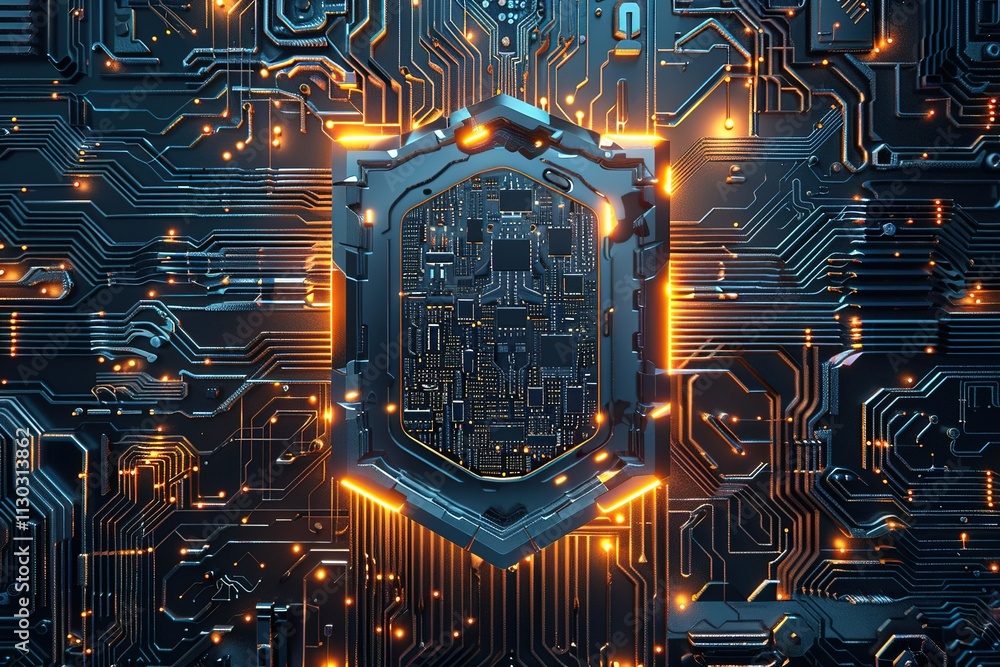 Aufkleber concept of cyber security, shape of shield combined with electronic pattern