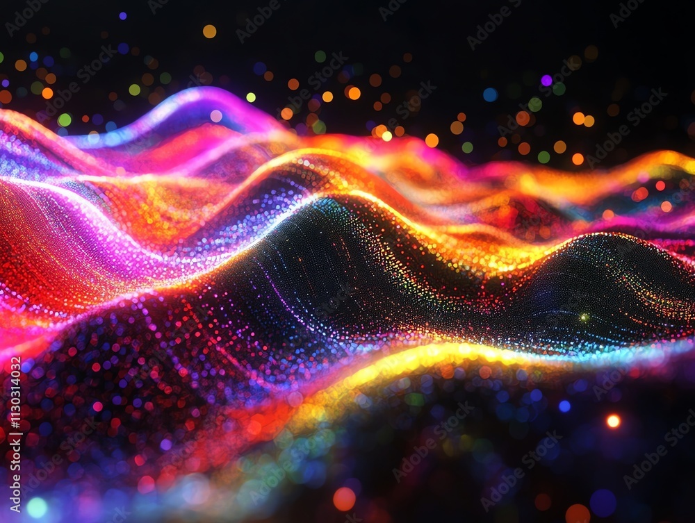 Poster abstract colorful wavy lines and glowing particles on a dark background.