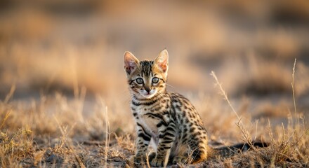 Obraz premium Bengal kitten in natural habitat exploring prairie environment at sunset