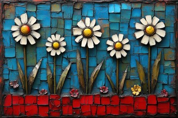 Obraz premium A vibrant artwork featuring five white daisies on a blue background, creating a cheerful and artistic floral display.