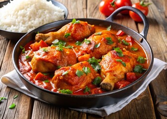 Fototapeta premium Spicy Haitian Chicken Stew - Close-Up, White Rice, Pan