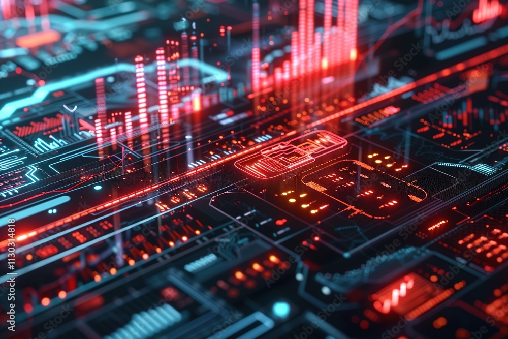 Poster data hi tech, mechanical technology computer generated digital currency and exchange stock chart for