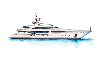 Luxurious Modern Yacht on Calm Blue Water with Clear Sky in Minimalist Watercolor Illustration