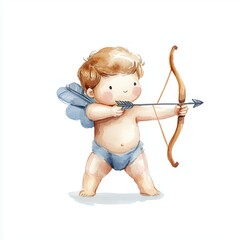 Cute baby angel with wings aiming an arrow, embodying love and playfulness in a whimsical illustration.