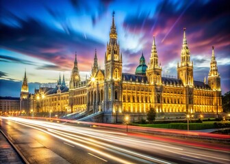 Obraz premium Vienna Parliament Building Long Exposure - AI Art, Majestic Architecture, Night Photography