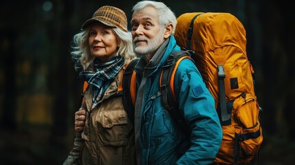 Obraz premium Elderly Couple Hiking Adventure in the Woods