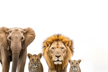 Image of an elephant, a lion and two leopards. World Wildlife day.