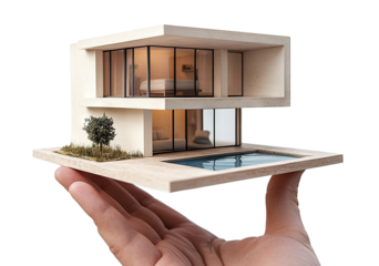 Hand holding a modern villa, isolated on transparent cutout background