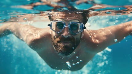 Naklejka premium Portrait of a bearded man with a beard swimming underwater in the pool