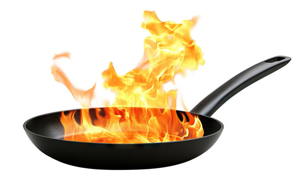 Cooking pan with bright fire flames, isolated on transparent cutout background
