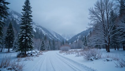 Obraz premium Snow-covered road in a mountain valley under a gloomy winter sky with dense gray clouds