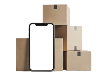 Phone surrounded by cardboard boxes, isolated on transparent cutout background

