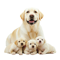 Labrador retriever with three puppies, playful and protective, white background