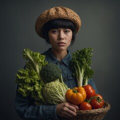 Illustrate a character with an outfit inspired by vegetable textures.