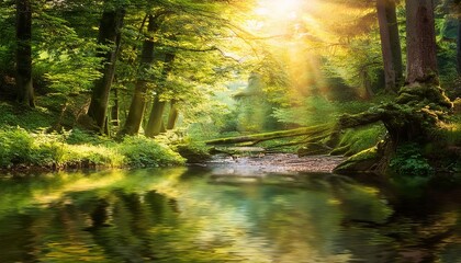 Autumn colors in the forest and park with a peaceful river and trees reflecting in the water