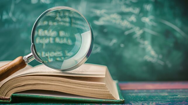 Magnifying Glass on an Open Book in Front of a Chalkboard