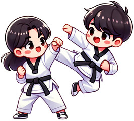 DALL·E 2024-11-17 22.31.40 - A cute and dynamic illustration of two people practicing Taekwondo together, drawn in a chibi cartoon style. One character is performing a high kick w copy