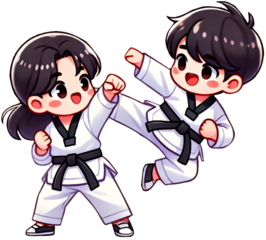 DALL·E 2024-11-17 22.31.40 - A cute and dynamic illustration of two people practicing Taekwondo together, drawn in a chibi cartoon style. One character is performing a high kick w copy