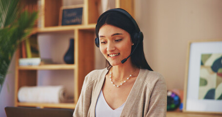 Happy woman, consultant and headset with laptop for online advice, consulting or virtual assistance...
