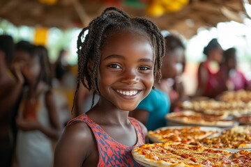 A group of friends sharing a pizza at a party. Generative AI