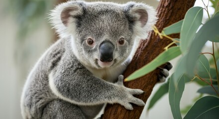 Obraz premium Adorable koala climbing tree in eucalyptus forest habitat