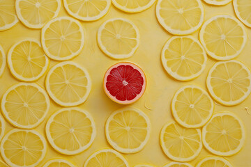 Fototapeta premium Symmetrical Yellow Lemon Slices with a Unique Pink Grapefruit Accent- Vibrant and Luminous Citrus Composition for Perfect Backgrounds, Wallpapers, and Prints in High-Resolution Detail
