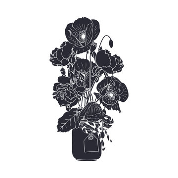 recommend clip art: Black silhouette of orchid flower isolated on white background. Hand drawn floral linocut design