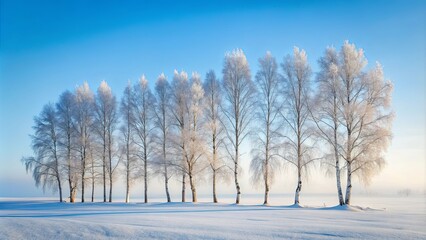 Obraz premium Serene winter landscape showcasing a row of frost-covered trees standing tall against a clear blue sky, a picturesque scene of winter tranquility.