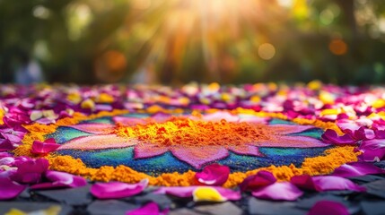 Obraz premium Vibrant Mandala of Flower Petals and Colorful Powder