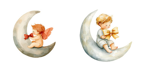 Charming illustration of children on crescent moons, one with wings, evoking a whimsical, dreamy atmosphere.