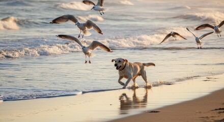 Playful labrador running on the beach with seagulls at sunset