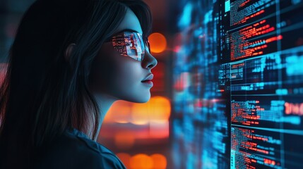 Woman viewing digital code on a large screen