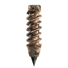 Rusty screw with dirt and debris on surface. transparent background