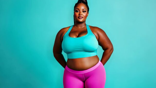 Confident plus size model posing on turquoise background