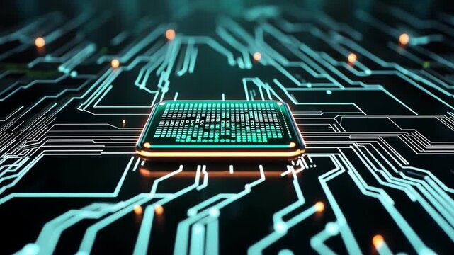 Microchip on circuit board, glowing design, futuristic technology concept.