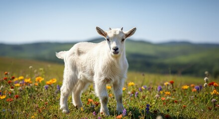 Obraz premium Young goat grazing in vibrant wildflower meadow on sunny day in nature