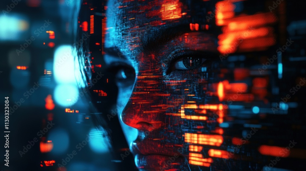 Poster A close-up of a woman's face overlaid with digital data and glowing elements.