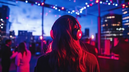 Fototapeta premium Vibrant silent disco countdown party in a chic urban rooftop, with synchronized light shows, high-energy beats, and spectacular city skyline views