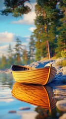 Obraz premium Tranquil Lakeside Serenity: Wooden Rowboat at Dawn