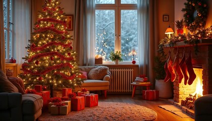 Obraz premium Cozy Christmas Living Room: A warm and inviting living room scene, featuring a beautifully decorated Christmas tree, presents piled beneath it, a crackling fireplace, and stockings hung with care.