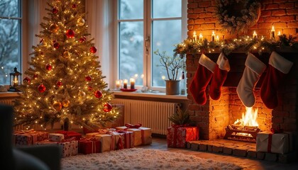 Fototapeta premium Cozy Christmas Fireplace: A beautifully decorated Christmas tree glows with warm lights, nestled beside a crackling fireplace adorned with stockings, gifts, and candles.