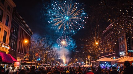 Obraz premium Vibrant street celebration for New Year, live performances, food stalls, and sparkling fireworks over a cheering crowd