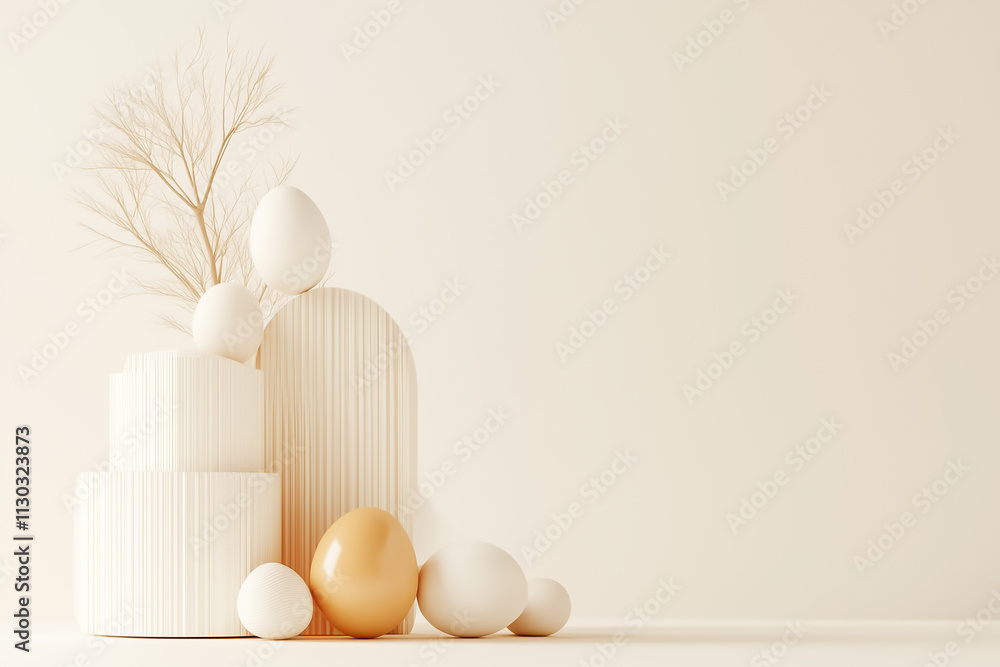Poster softly arranged white eggs and natural elements create a serene spring atmosphere in neutral tones a