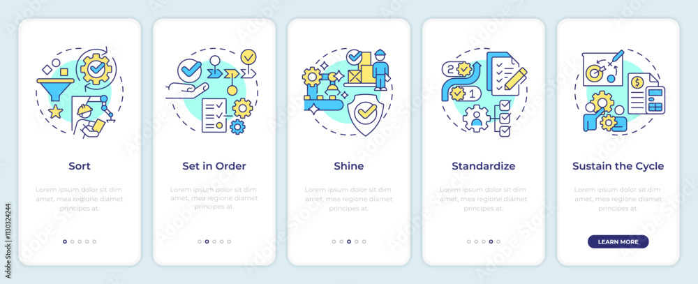 Poster 5s methodology onboarding mobile app screen. lean manufacturing. walkthrough 5 steps editable graphi