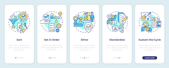5S methodology onboarding mobile app screen. Lean manufacturing. Walkthrough 5 steps editable graphic instructions with linear concepts. UI, UX, GUI template. Montserrat SemiBold, Regular fonts used