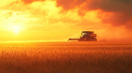 Fototapeta premium A combine harvester working in a golden wheat field during a vibrant sunset.