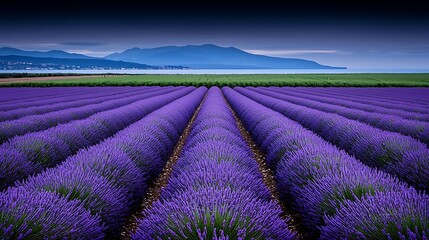 Obraz premium Scenic view of lavender fields under twilight nature's beauty in provence photography