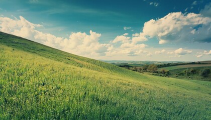Fototapeta premium A peaceful landscape with a grassy field, mountains, and a bright sky, showcasing nature's beauty with trees, clouds, and a rural countryside scene