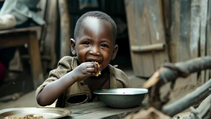 Poverty and hunger: a striking portrayal of a child struggle, harsh reality of economic hardship, global crisis of food insecurity and urgent need to end childhood deprivation worldwide.